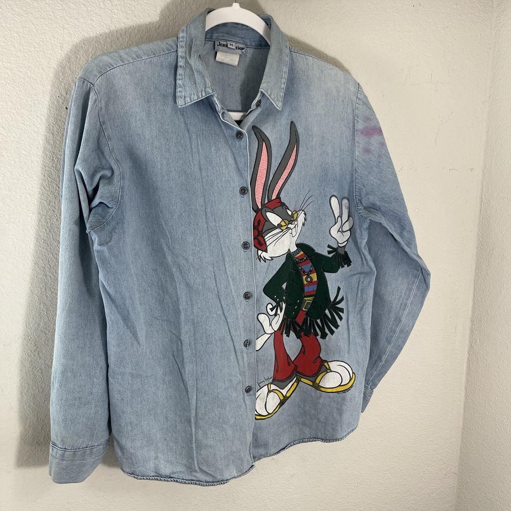 Jerry Leigh Bugs Bunny Shirt Medium Button Blue Long Sleeve Acid Wash Denim Flaw